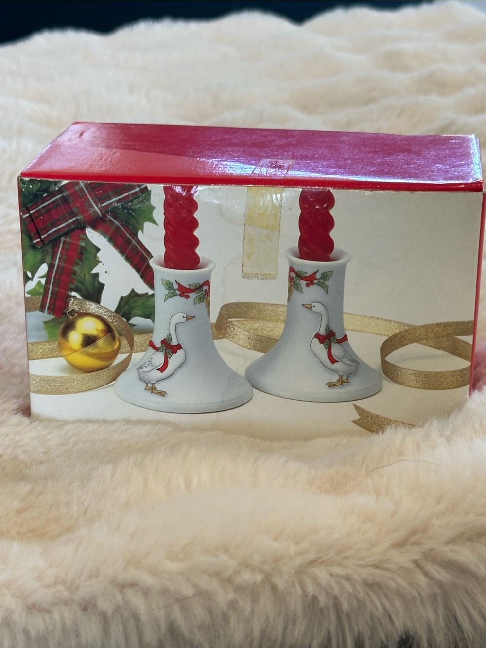 Holiday Goose Ceramic Candle Holders - White and Red